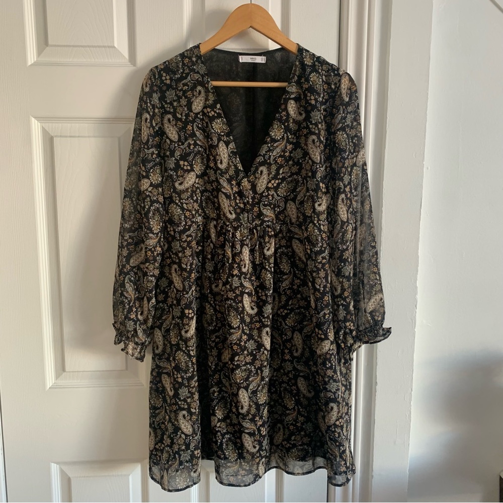 MNG Casual Dark Floral Paisley Sheer Sleeve Dress